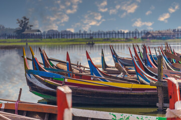 Colorful Wooden boat near Ubein Bridge Mandalay, Myanmar