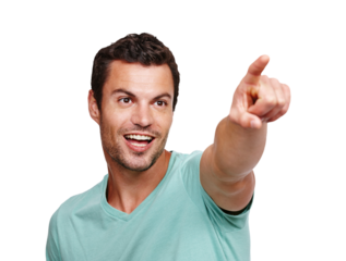 Happy, smile or man pointing finger to show, signal or direct with a wow or surprised face expression. Happiness, positive or male model with point hand gesture isolated on transparent png background