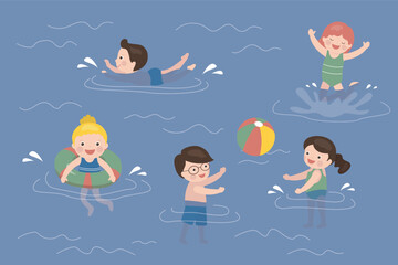 Cartoon preschool children in swimsuits. Various caucasian kids swimming in pool or sea. Sports training background. Schoolboy and schoolgirl have active water games
