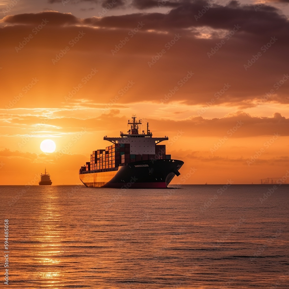Poster container port and container ship transportation. generative ai