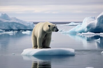 Naklejka na ściany i meble A sad polar bear on a small ice floe created with generative AI technology.
