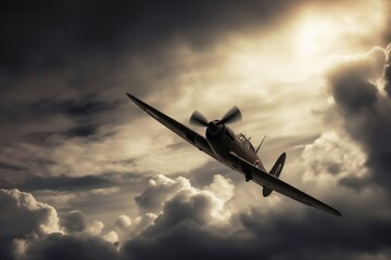 A second world war fighting plane in a dramatic sky created with generative AI technology. - obrazy, fototapety, plakaty