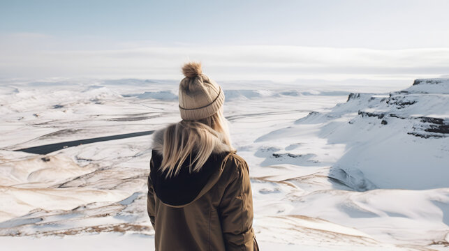 Lonely woman in Icelandic winter landscape. blonde scandinavian woman; Icelandic, Norwegian, Swedish or Danish. Generative AI.