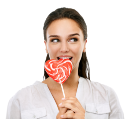 Happy, candy and woman with a lollipop for a sweets craving, dessert or sugar. Happiness, snack and young female model eating a heart shape sweet while isolated on a transparent png background