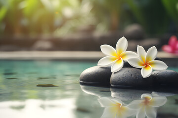 Obraz na płótnie Canvas frangipani flower in water with spa stones 