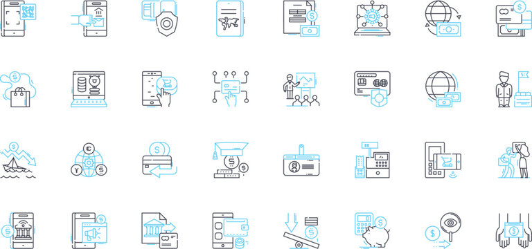 Online purchase linear icons set. Convenience, Security, Speed, Efficiency, Discounts, Satisfaction, Trust line vector and concept signs. Transparency,Accessibility,Availability outline illustrations