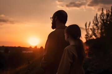 Fototapeta na wymiar father and daughter watching the sunset back view fatherhood