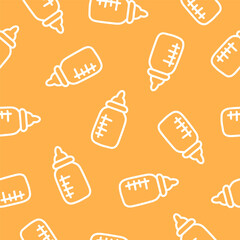 Orange seamless pattern with white outline baby bottles