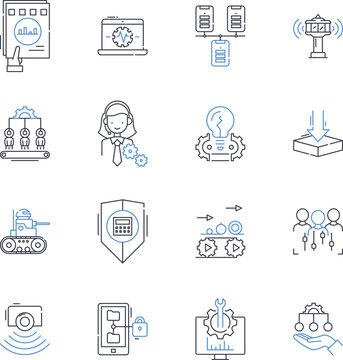 Futuristic creations line icons collection. Cyborgs, Robotics, Hovercrafts, Holograms, Teleportation, Nanotech, Biotechnology vector and linear illustration. Artificial intelligence,Augmented reality
