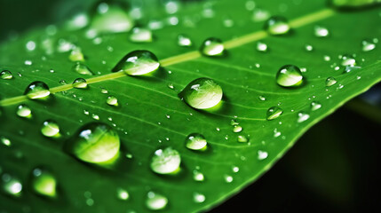 Large beautiful drops of transparent rain water on a green leaf macro. Drops of dew in the morning glow in the sun. Beautiful leaf texture in nature. Natural background. Generative AI