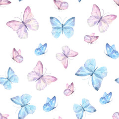 Fototapeta na wymiar Cute butterflies hand drawn watercolor seamless pattern. Delicate blue and purple color butterflies, watercolor illustration on white background. Beautiful pastel creatures wallpaper design.