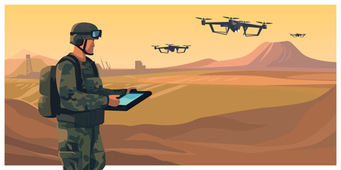 Soldier operating of flying drone quadrocopter at sunset. Modern technology army military man with tablet controls an unmanned aerial vehicle. Flat vector illustration