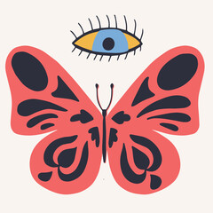Retro groovy style butterfly and eye for tattoo vector illustration