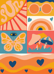 Fototapeta na wymiar Groovy style banner with glasses, sun, butterfly, rainbow and mushrooms. Vector illustration