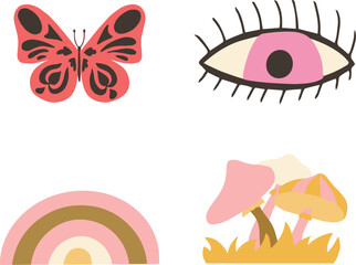 Butterfly, eye, rainbow and mushrooms icons in groovy style