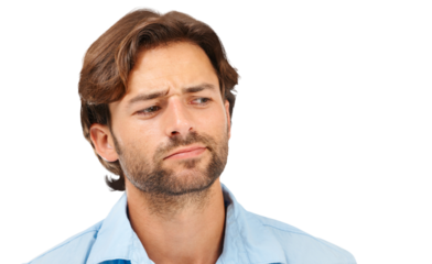 Business man, headshot and thinking for brainstorming, confused and focus by png background. Isolated businessman, entrepreneur and think for vision, mindset or idea with strategy for company mission