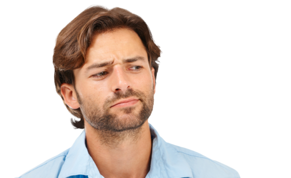 Business man, headshot and thinking for brainstorming, confused and focus by png background. Isolated businessman, entrepreneur and think for vision, mindset or idea with strategy for company mission