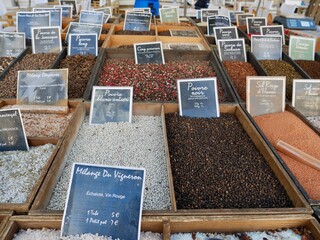Assortment of spices at local farmer's market in Aix-en-Provence, Provence, France.