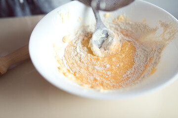 Making cookies at home, two girls cooking together, mix flour