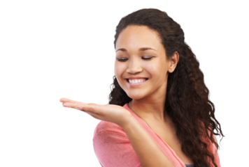 Beautiful woman, smile and hand out for marketing, advertising or product isolated on a transparent PNG background. Happy female model posing with palm showing advertisement, presentation or branding