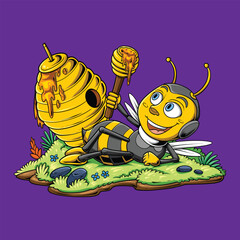 Bee With Honey Chill on Grass Cartoon