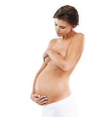 Naklejka premium Body, pregnant woman and shirtless belly hold isolated on a transparent, png background. Happy new mom with pregnancy health, baby growth and wellness of an excited mother, hand holding stomach