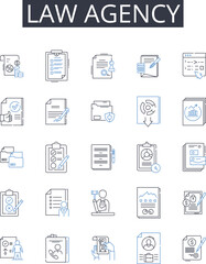 law agency line icons collection. Legal firm, Judicial bureau, Court company, Attorney association, Law house, Justice organization, Advocate agency vector and linear illustration. Barrister business