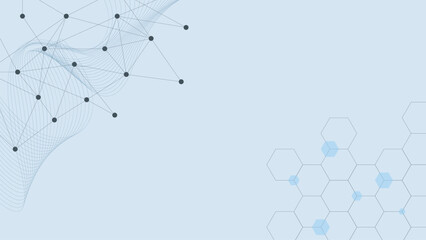 Abstract geometric background with dots lines connection, wave flow and hexagon shapes. Molecular structure concept design.