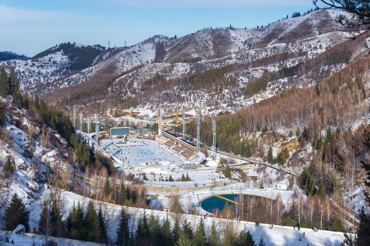 top view of the Medeu skating rink in Almaty, Kazakhstan