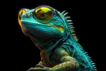Fototapeta premium Cool Lizard Iguana with Mirror Sunglasses on Black Background Generative AI