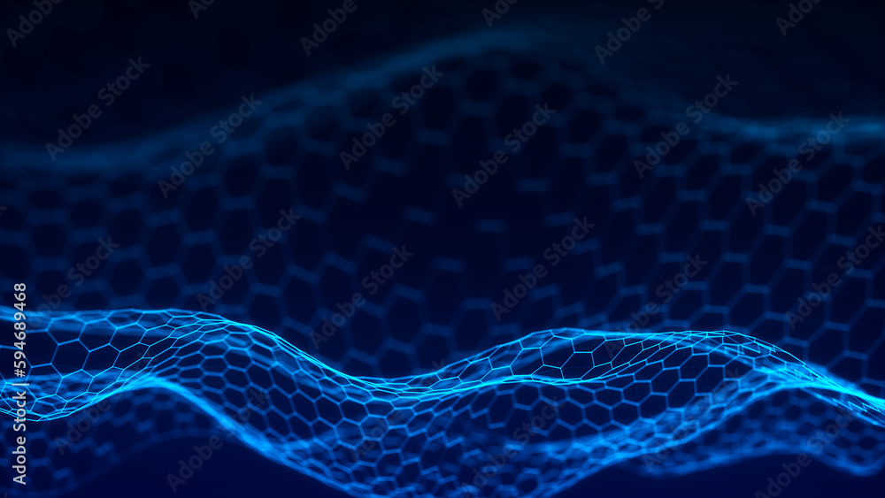 Poster futuristic hexagon background. futuristic honeycomb concept. wave of particles. 3d rendering. data t