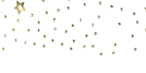 Banner with golden decoration. Festive border with falling glitter dust and stars.  PNG