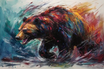 Expressionistic depiction of a charging bear, with bold, dynamic brushstrokes and intense colors. Generative AI