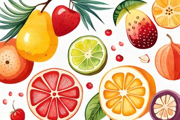 Watercolor fruits drinks, summer clipart, created using generative AI technology