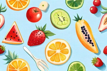 Watercolor summer Fruits, summer clipart,  created using generative AI technology