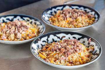 Fresh cooked wedding Uzbek plov in Tashkent, Uzbekistan