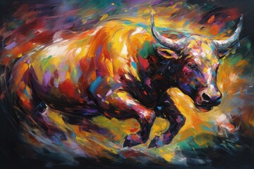 Expressionistic depiction of a charging bull, with bold, dynamic brushstrokes and intense colors. Generative AI