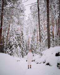 Woman Walking On A Forest Hiking Trail On A Beautiful Snowy Winter Day