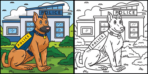 Police Dog Coloring Page Colored Illustration