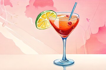 Watercolor summer drinks, summer clipart,  created using generative AI technology