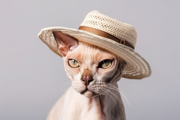 Portrait of Devon Rex cat in summer hat isolated on white background. Travel, Holidays concept. Generated Ai.