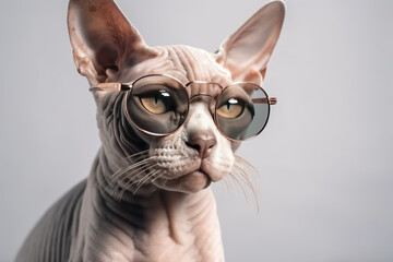 Portrait of Devon Rex cat in brown sunglasses isolated on white background. Travel, Holidays concept. Generated Ai.