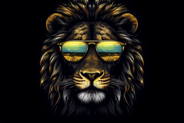 Cool Lion with mirror sunglasses. Image on black background created with generative AI