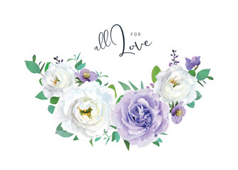 Elegant, watercolor style purple bouquet. Love greeting card template. Rose flowers, helleborum, lisanthus, eucalyptus, greenery leaves. Delicate, vector, editable spring, summer wedding invite design