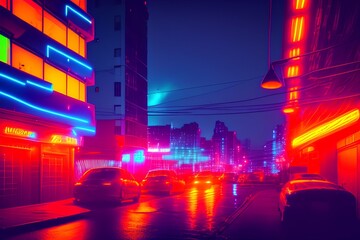 The lights of a big night city. Neon light burning in the windows of the apartment. - generative ai