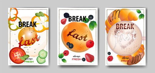 Set of promo flyers for breakfast menu, fresh food, dessert, diet, 