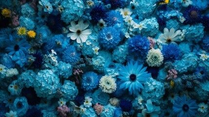 Naklejka na ściany i meble Wall of bright blue flowers background. generative AI