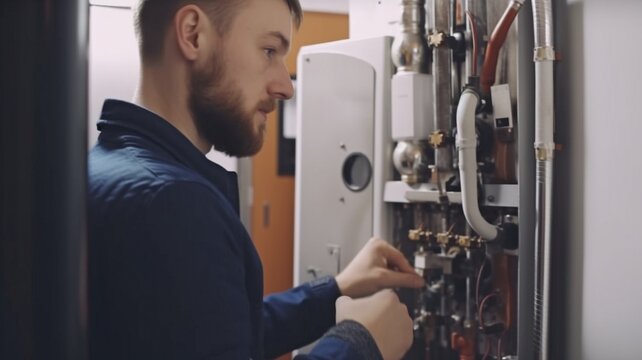 Generative AI, guy plumber working on hot water boiler