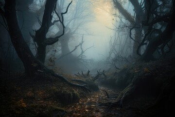 Hauntingly beautiful forest scene at night with twisted gnarled trees and a glowing misty fog. Generative AI