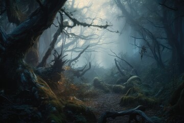 Fototapeta na wymiar Hauntingly beautiful forest scene at night with twisted gnarled trees and a glowing misty fog. Generative AI